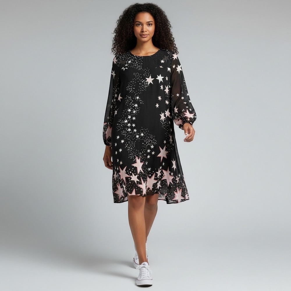 Eva Mendes New York & Company Black Pink Star Patriotic Chiffon Shift Dress Sz S